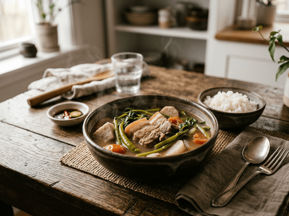 Filippinsk sinigang med mørt svinekjøtt og grønnsaker i syrlig tamarindbuljong