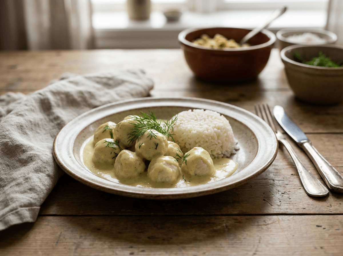 Fiskeboller i hvit karrisaus med ris