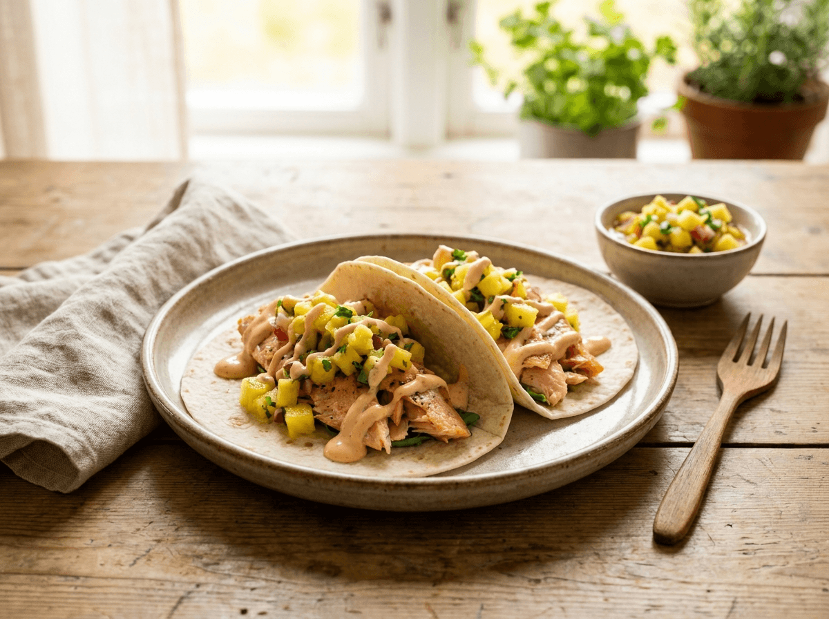 Fargerike fisketaco med ørretbiter, gul ananassalsa og chipotlesaus på rustik tallerken