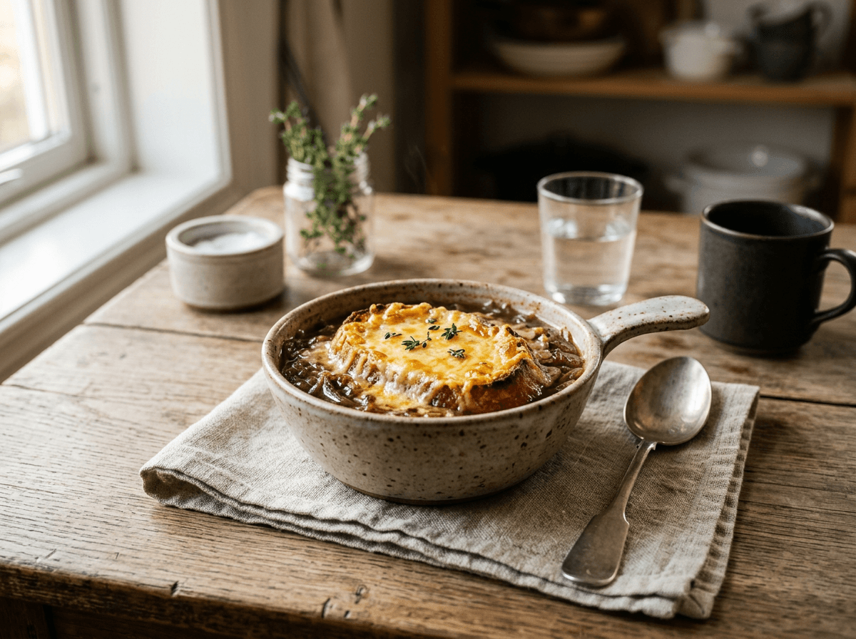 Fransk løksuppe med ostegratinert brød servert på tallerken.