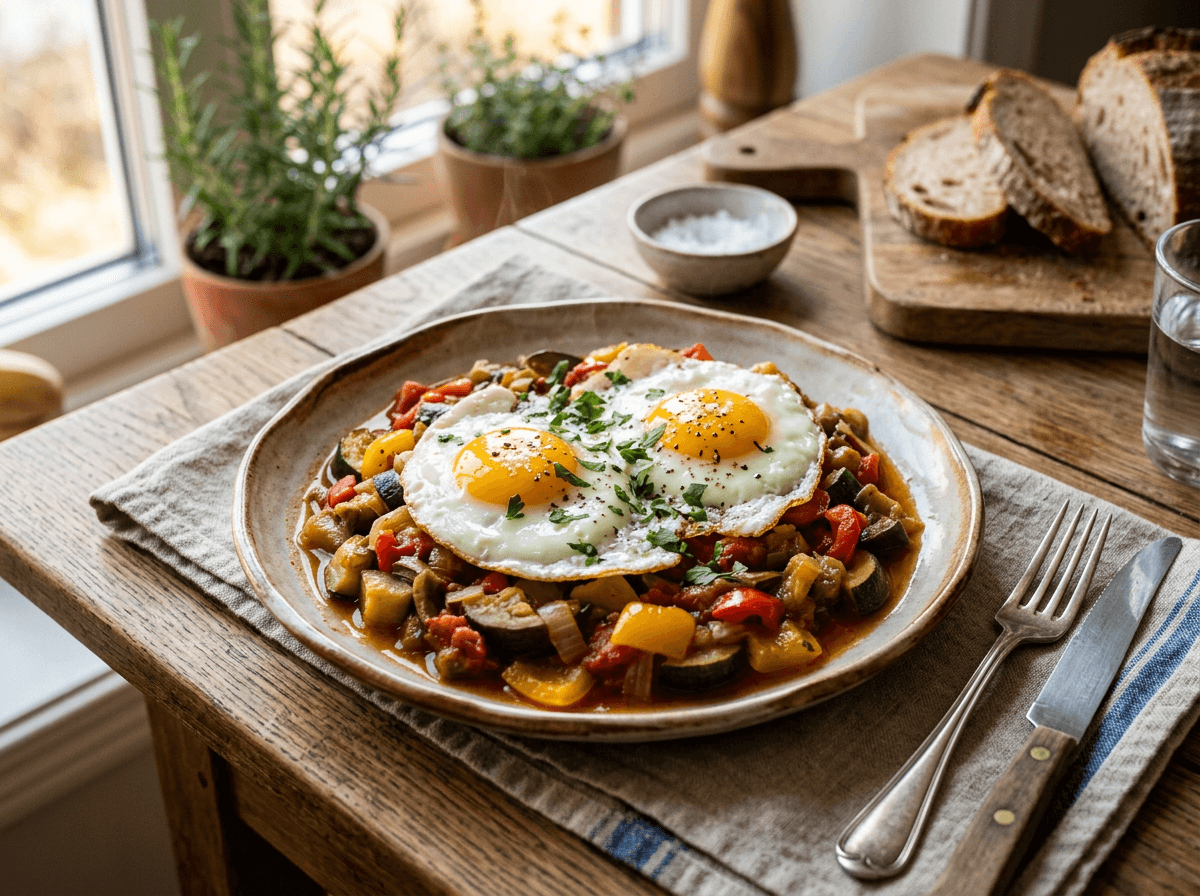 Fargerik provencalsk ratatouille toppet med perfekt speilegg i keramikkskål