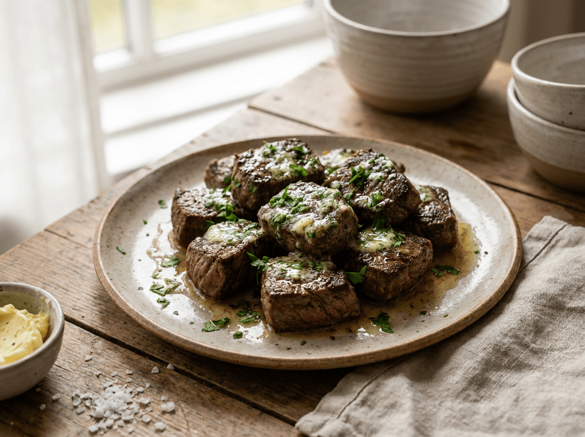 Saftige garlic butter steak bites med smeltet hvitløkssmør og persille
