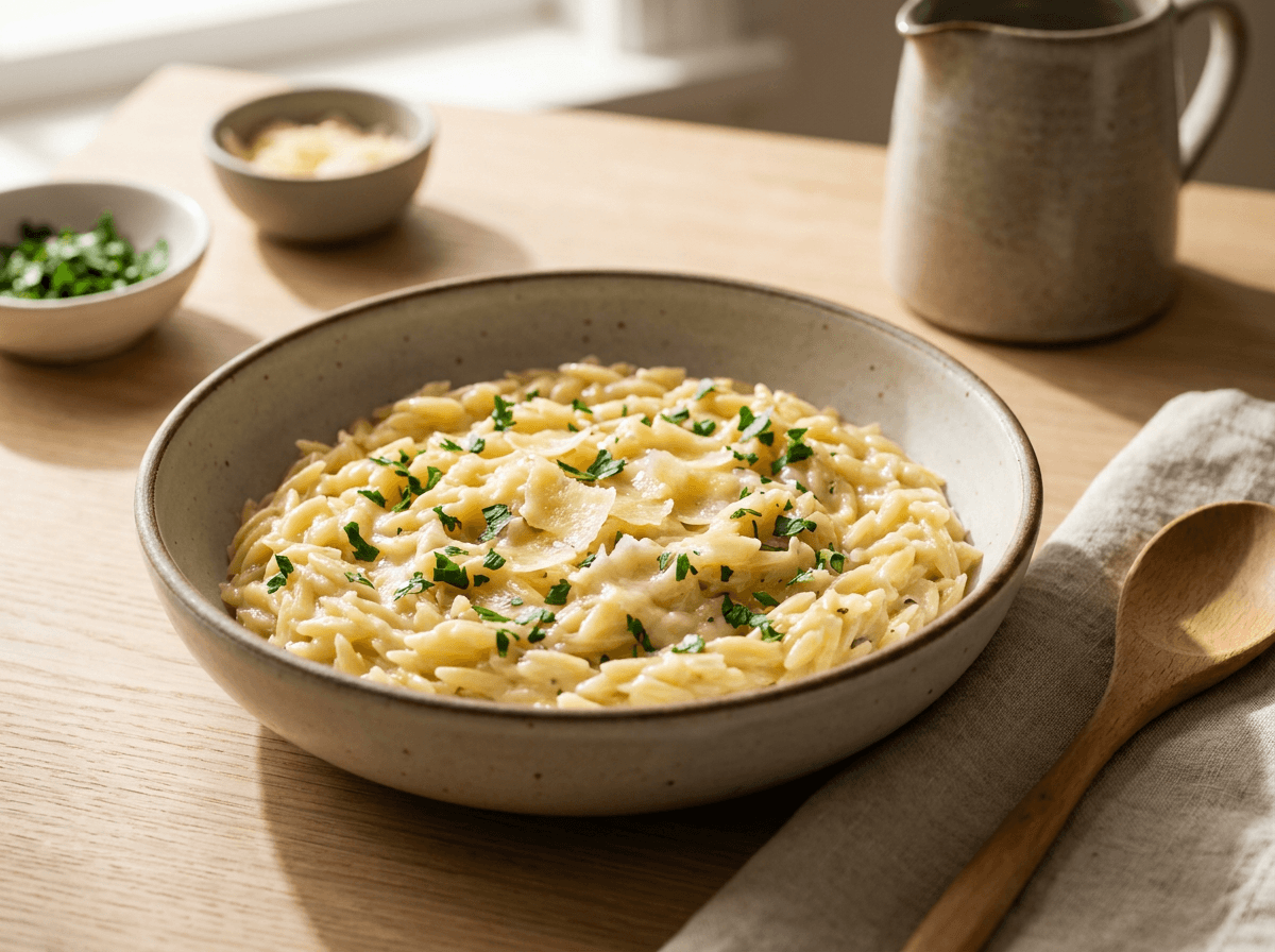 Kremet hvitløks-parmesan-orzo med persille