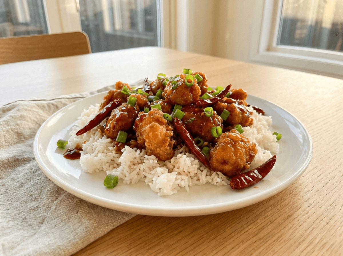 General Tso's chicken — sprø kylling i glinsende saus med tørket chili og ris