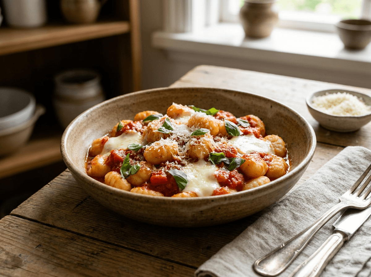 Gnocchi al pomodoro med fersk mozzarella, parmesan og basilikumblader i keramikkskål