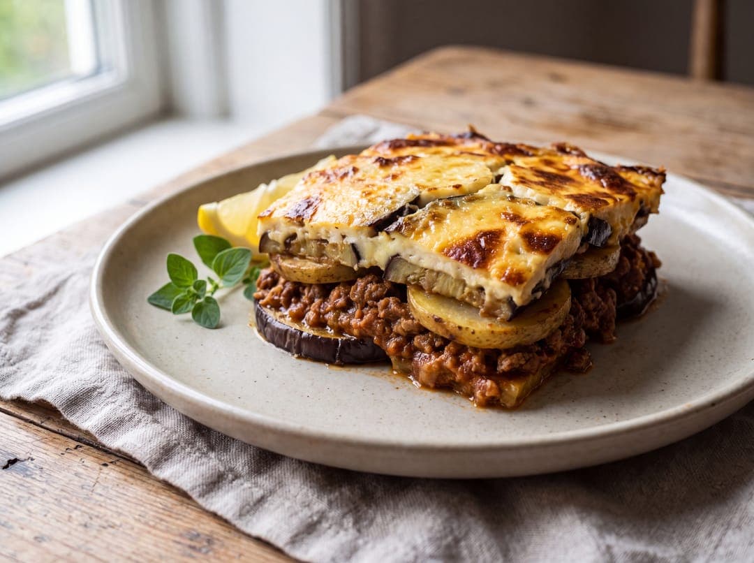 Gresk moussaka med aubergine og potet servert som ferdig middag