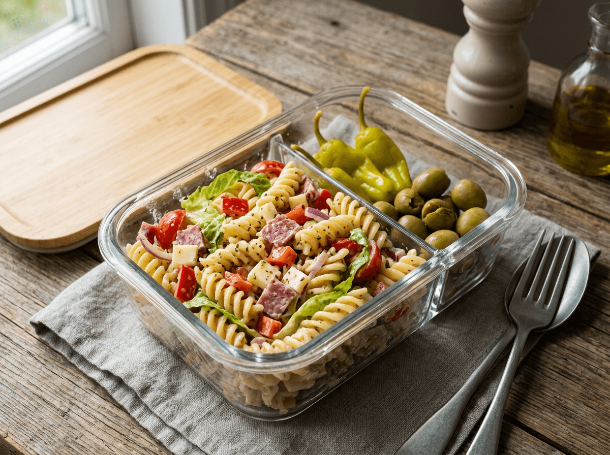 Grinder Pasta Salad med italiensk vri servert som ferdig middag