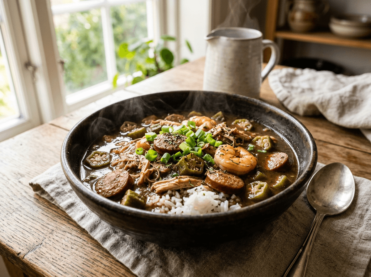 Gumbo — kreolsk gryte med kylling, pølse, reker og okra over ris i dyp skål