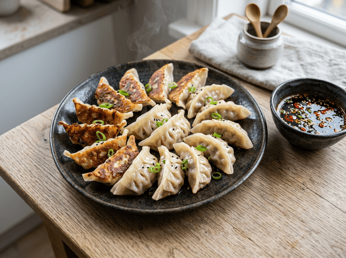 Gyoza — sprøstekte japanske dumplings servert med soyadipp på keramikkfat