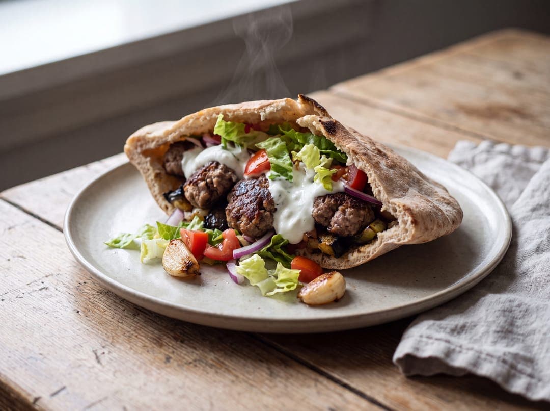 Hjemmelaget kebab i pita servert som ferdig middag
