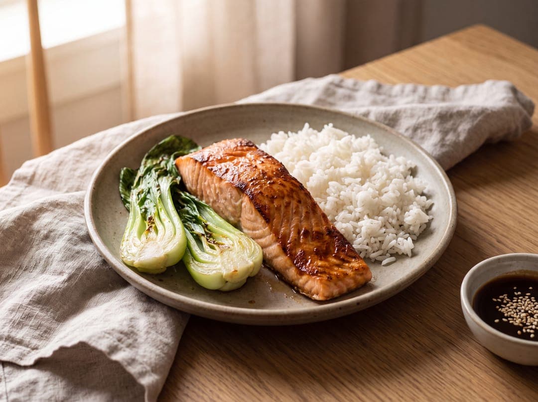 Hoisin-laks med sesam og pak choi servert som ferdig middag