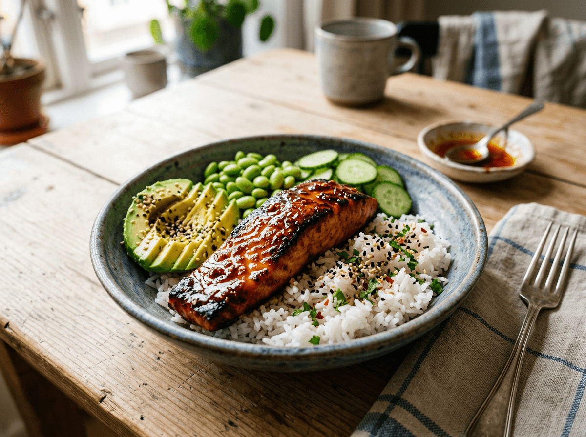 Hot honey salmon bowl med glasert laks, avokado og ris