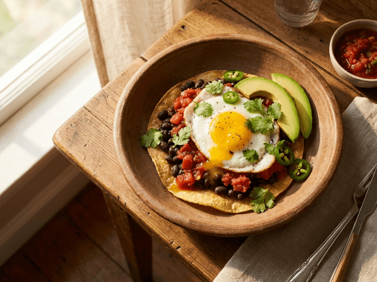 Huevos rancheros med speilegg bønner salsa og avokado på sprø tortilla