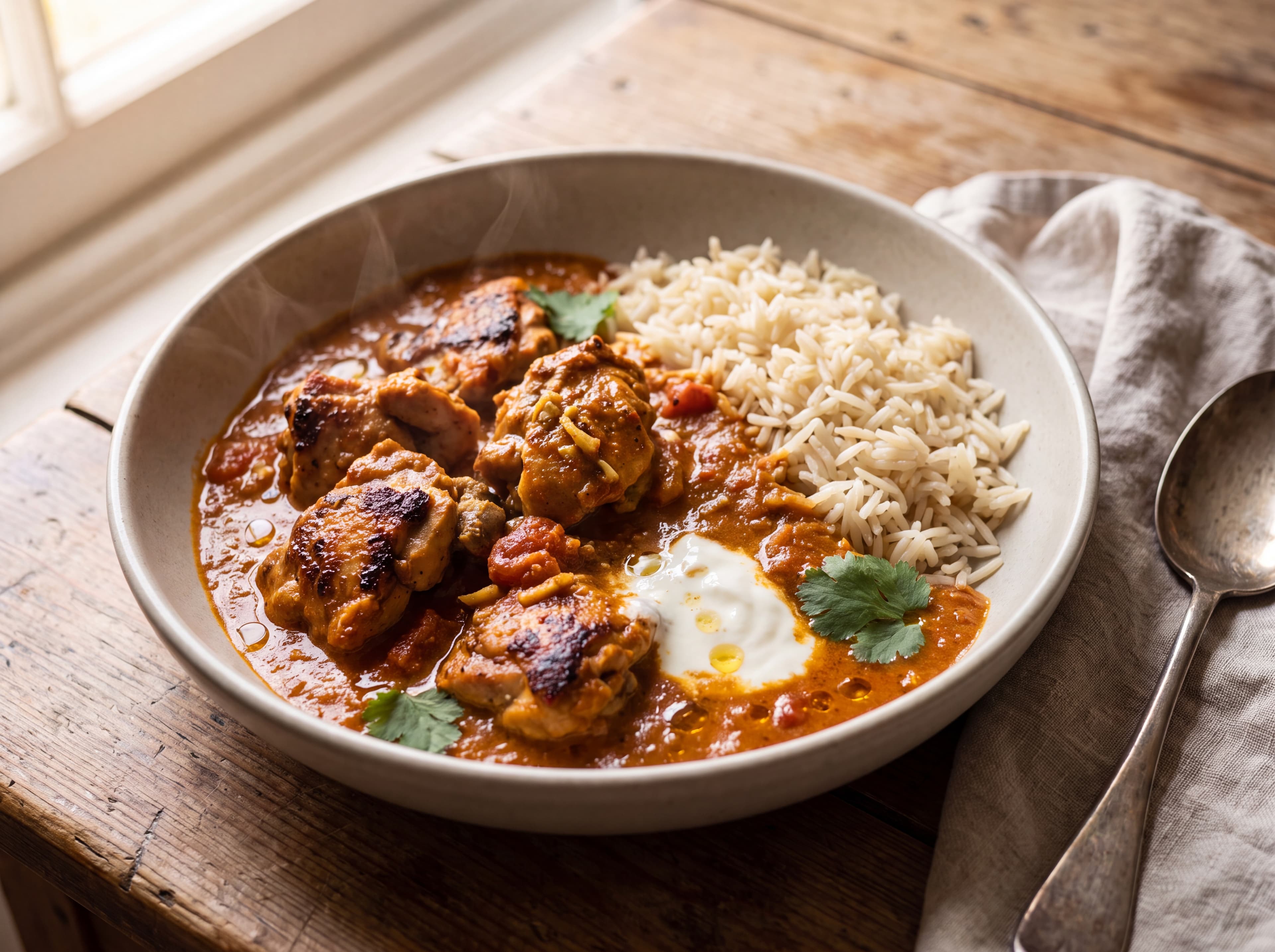 Indisk butter chicken med ris servert som ferdig middag