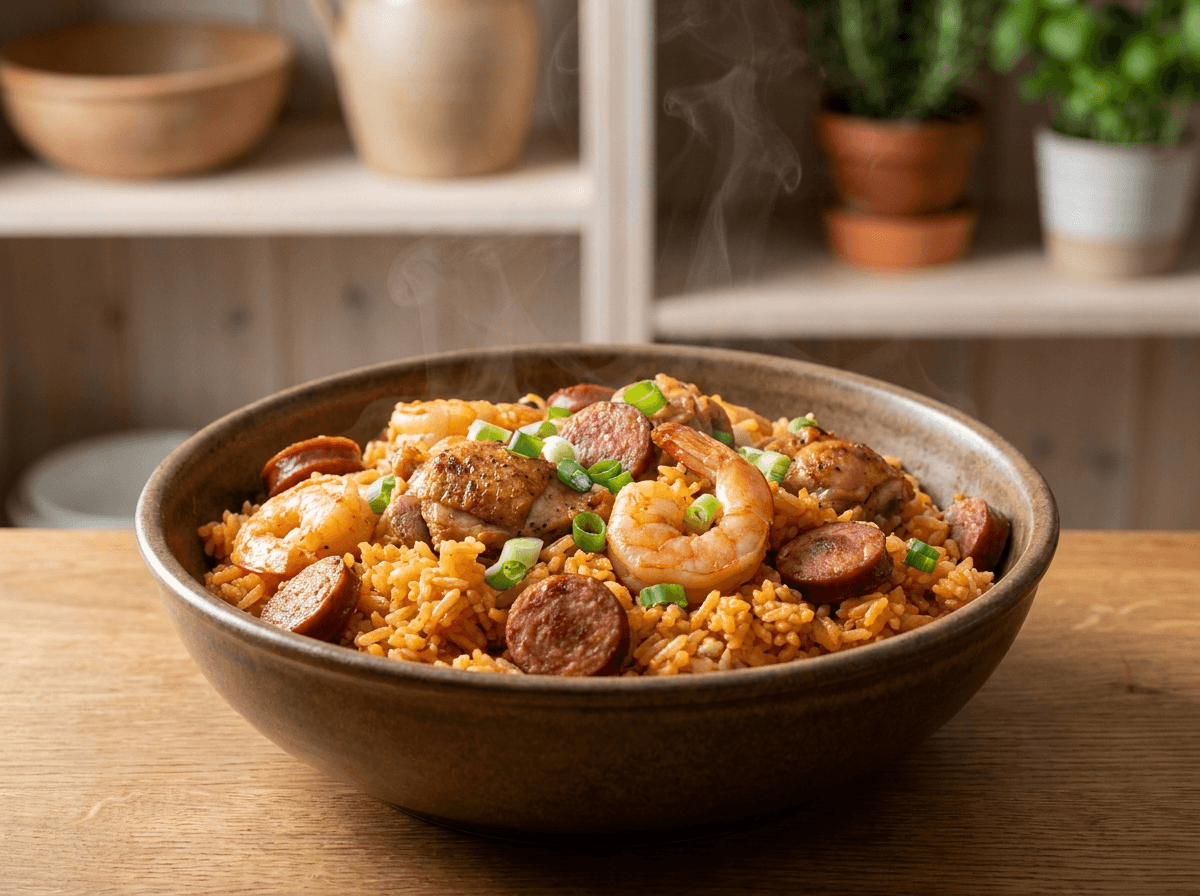 Jambalaya — Cajun risgryte med kylling, røykt pølse og reker i keramikkskål