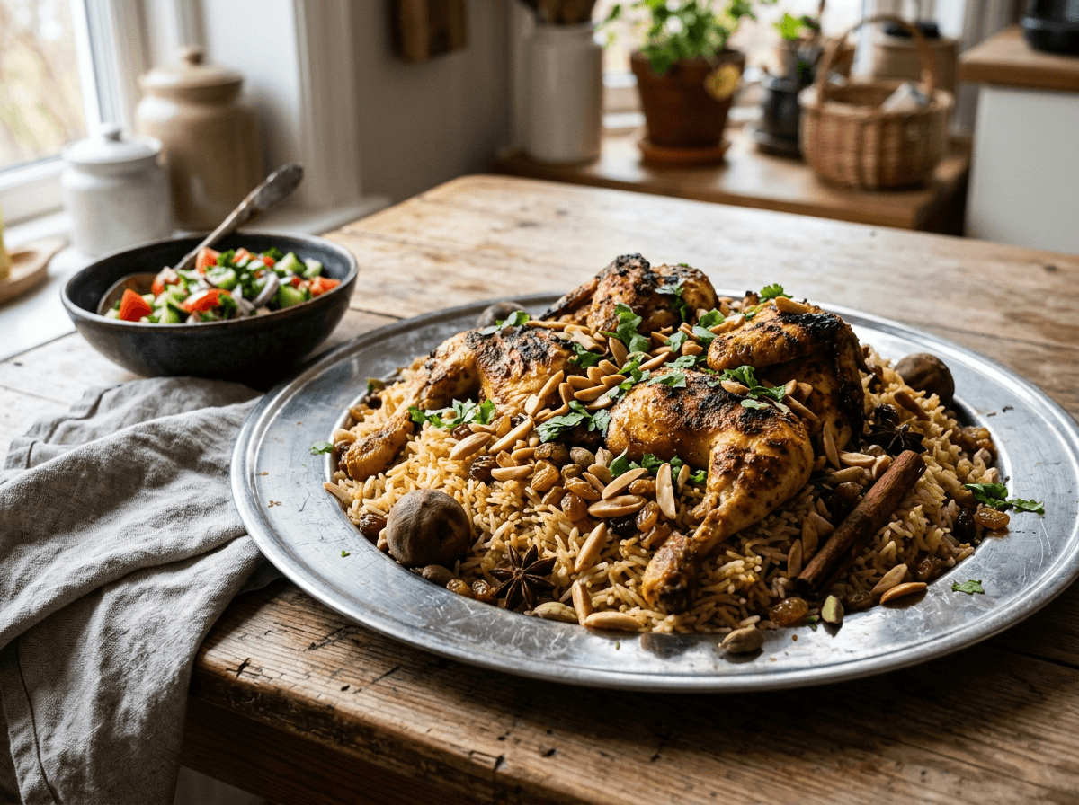 Kabsa — saudiarabisk kyllingris med aromatiske krydder, mandler og rosiner