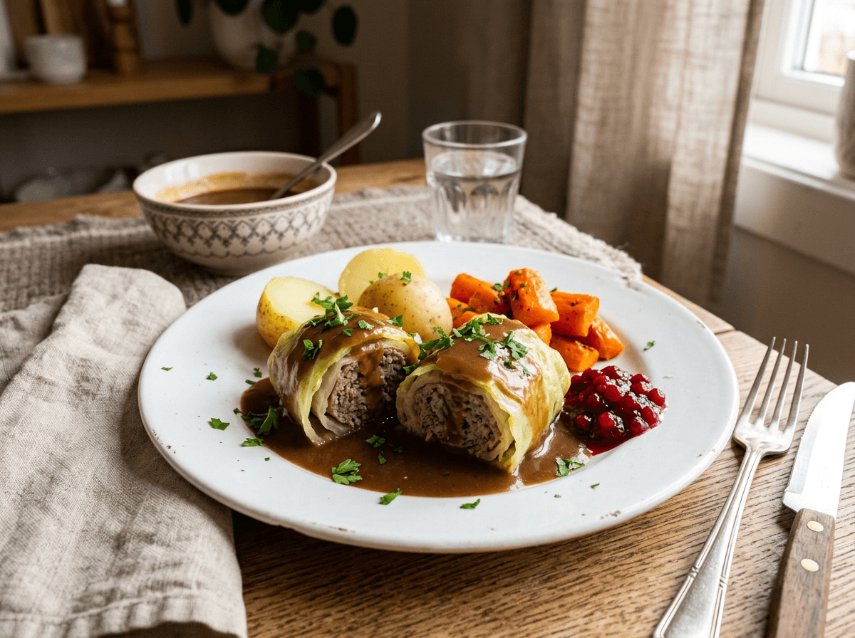 Kålruletter i brun saus med poteter gulrøtter og tyttebærsyltetøy på tallerken