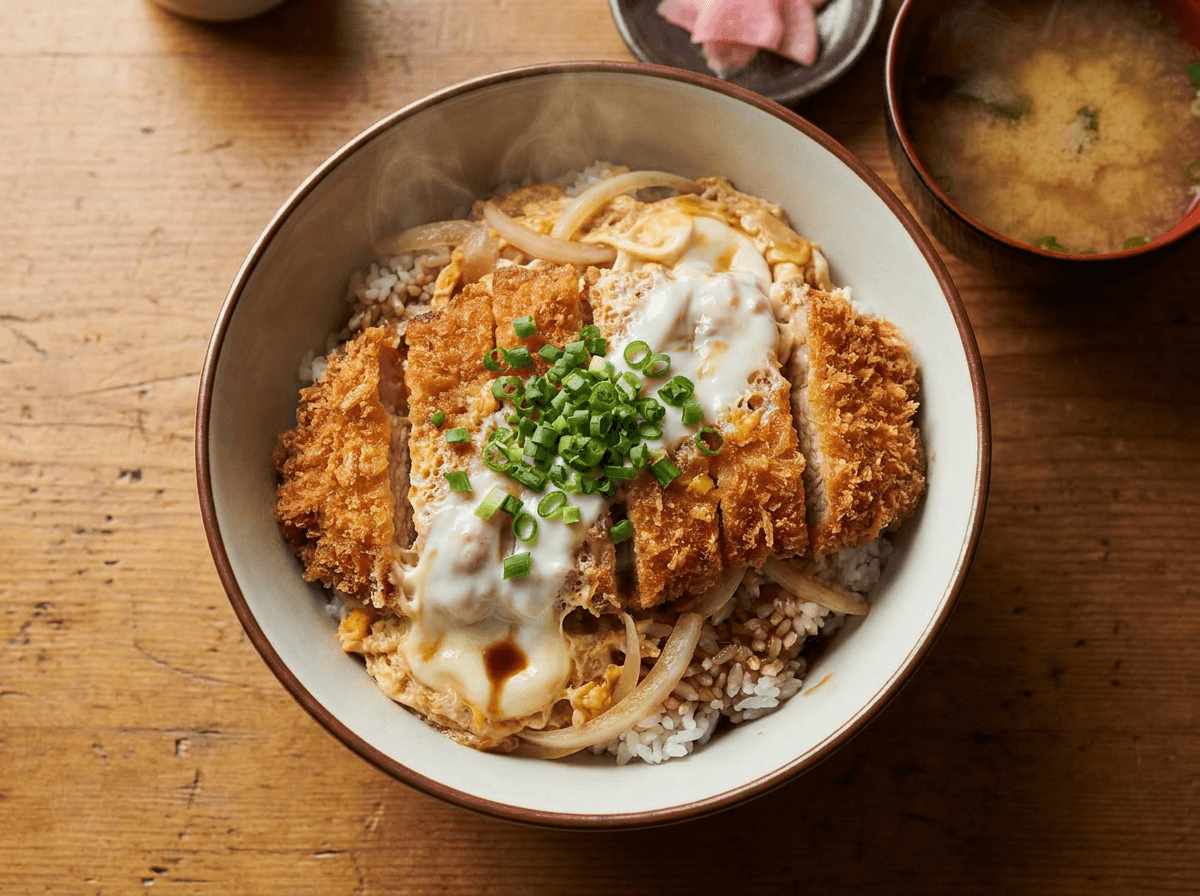 Japansk katsudon med panert svinekotelett og egg over ris