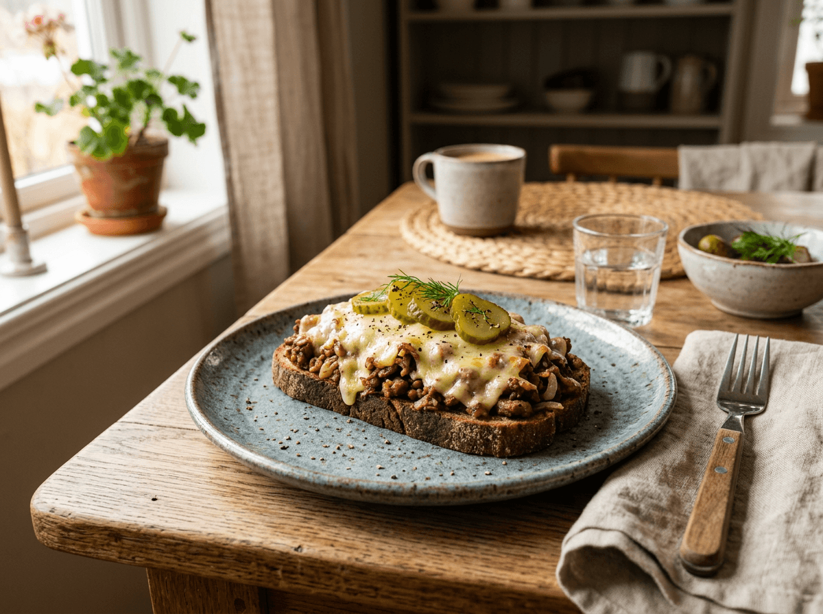Kjøttdeig-smørbrød med smeltet ost og sylteagurk