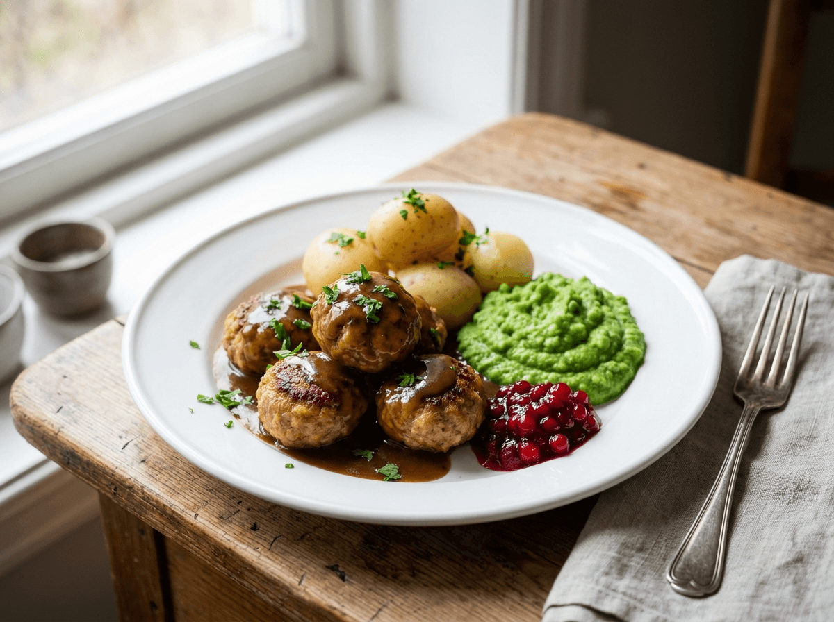 Kjøttkaker i brun saus med poteter ertestuing og tyttebærsyltetøy på tallerken