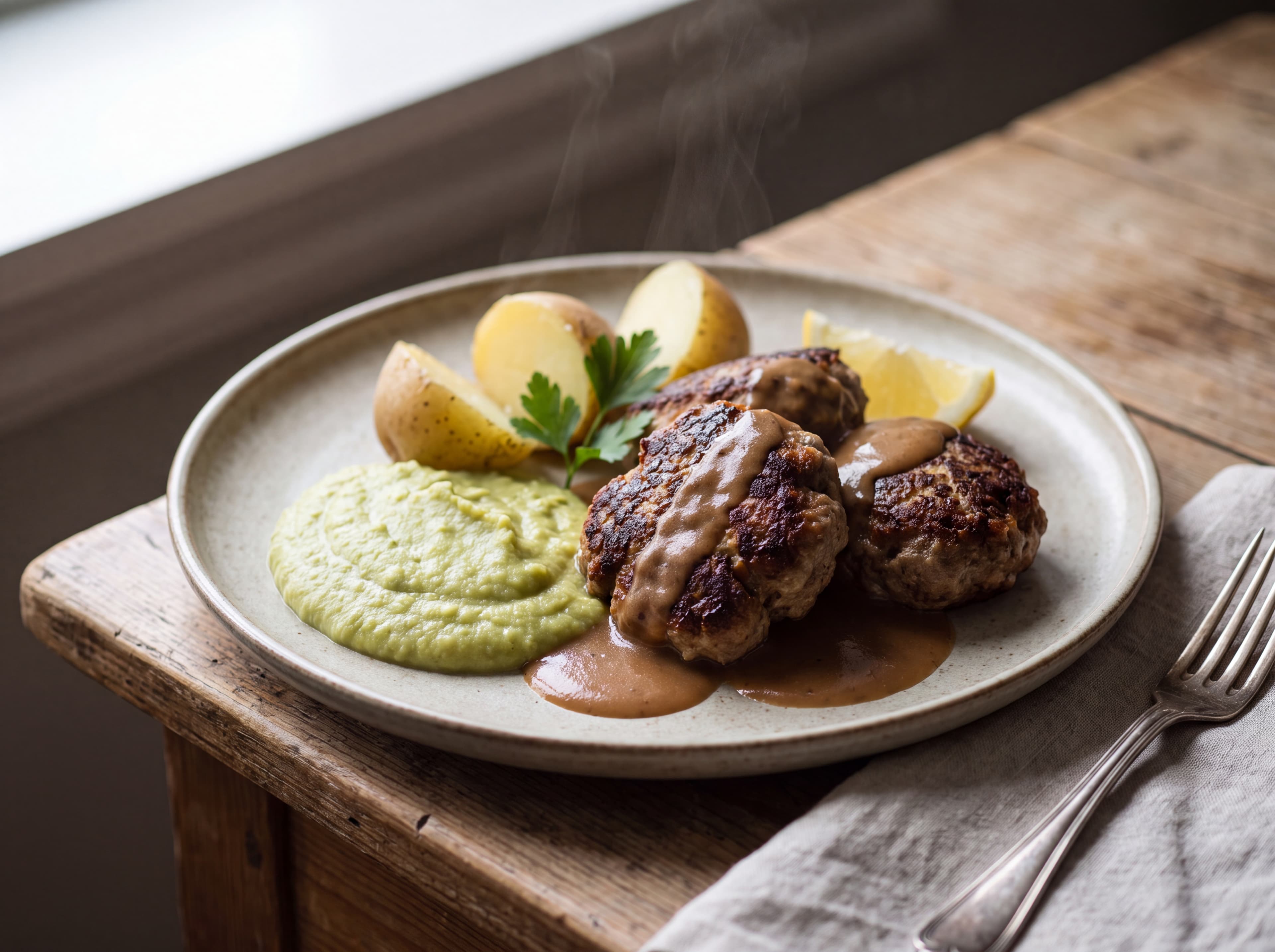 Kjøttkaker med brun saus, poteter og ertestuing servert som ferdig middag