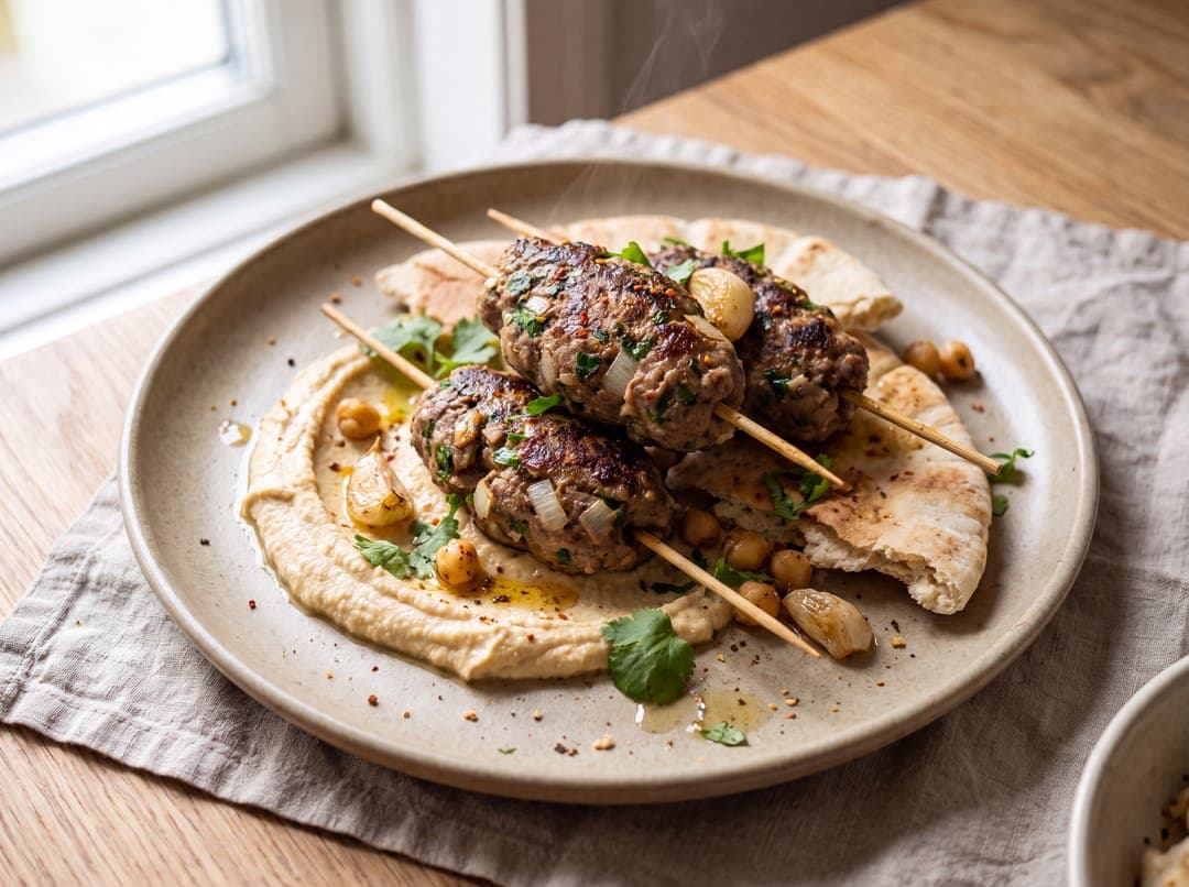 Kofta kebab med hummus og pitabrød servert som ferdig middag