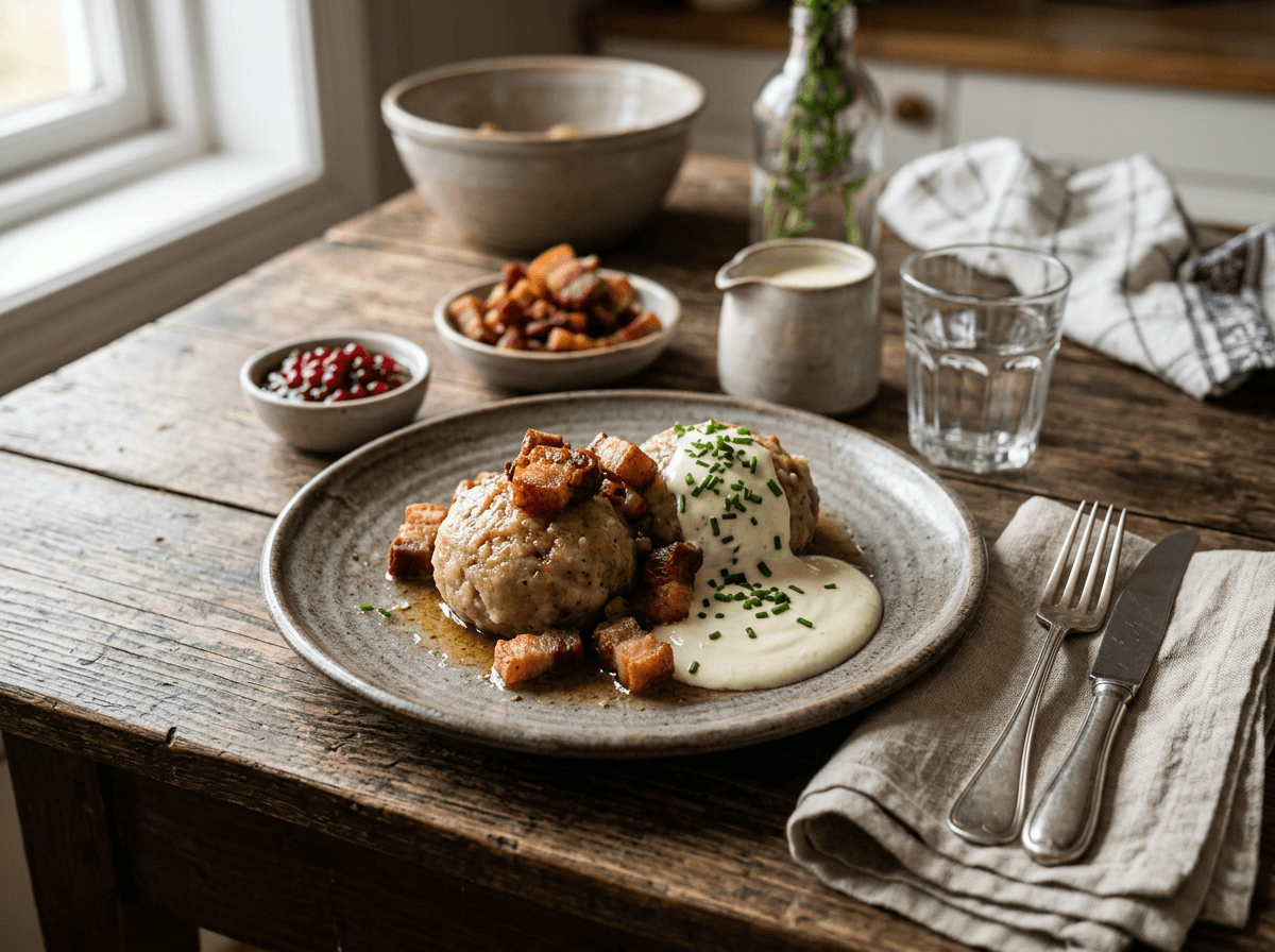 Komle med sprøstekt flesk og duppe på rustikt fat