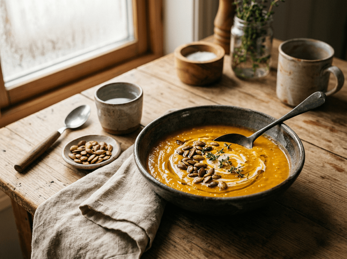 Kremet gresskarsuppe med gresskarkjerner