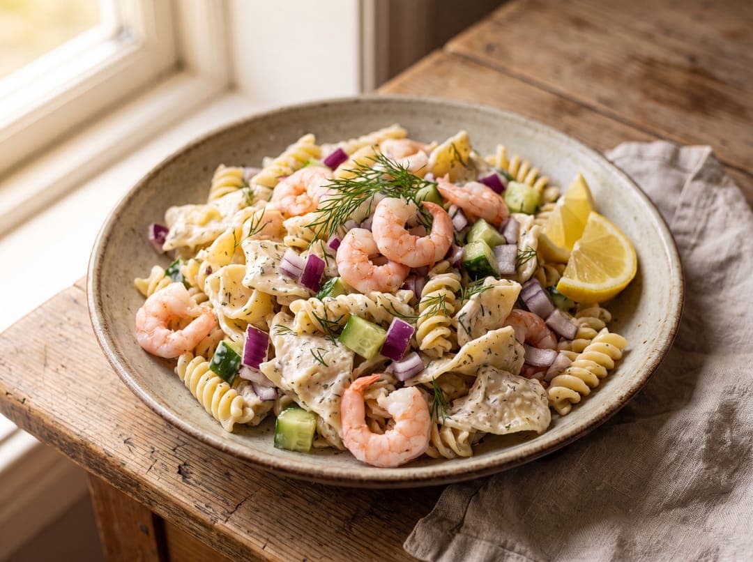 Kremet pastasalat med reker og dill servert som ferdig middag