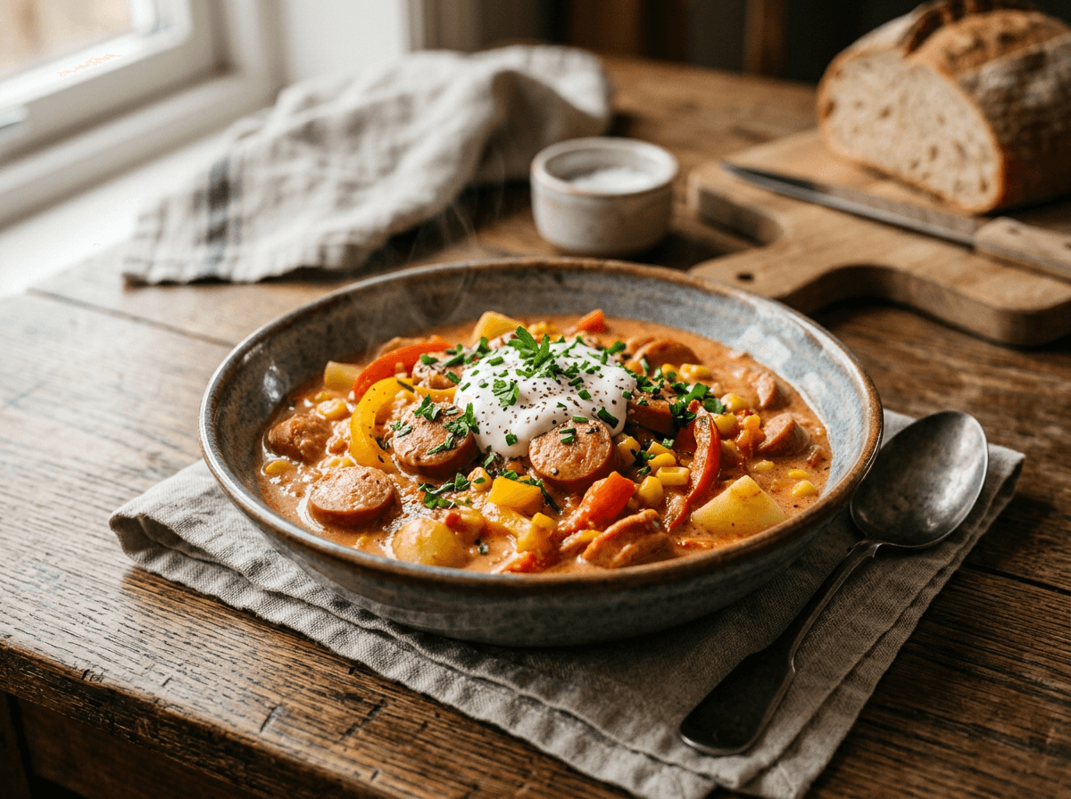 Kremet pølsegryte med paprika, mais og rømme servert på tallerken.