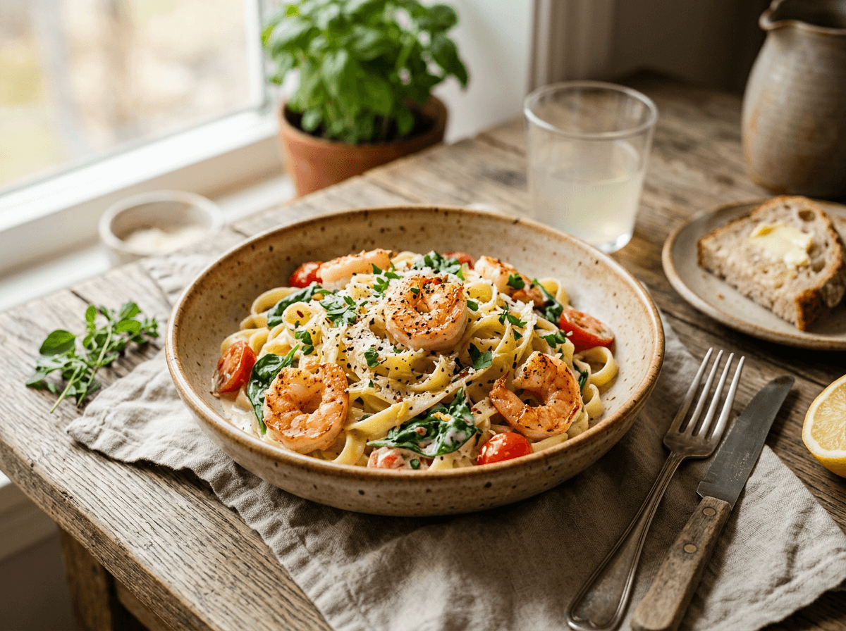 Kremet linguine med saftige scampi, sitron og frisk persille i en rustik bolle