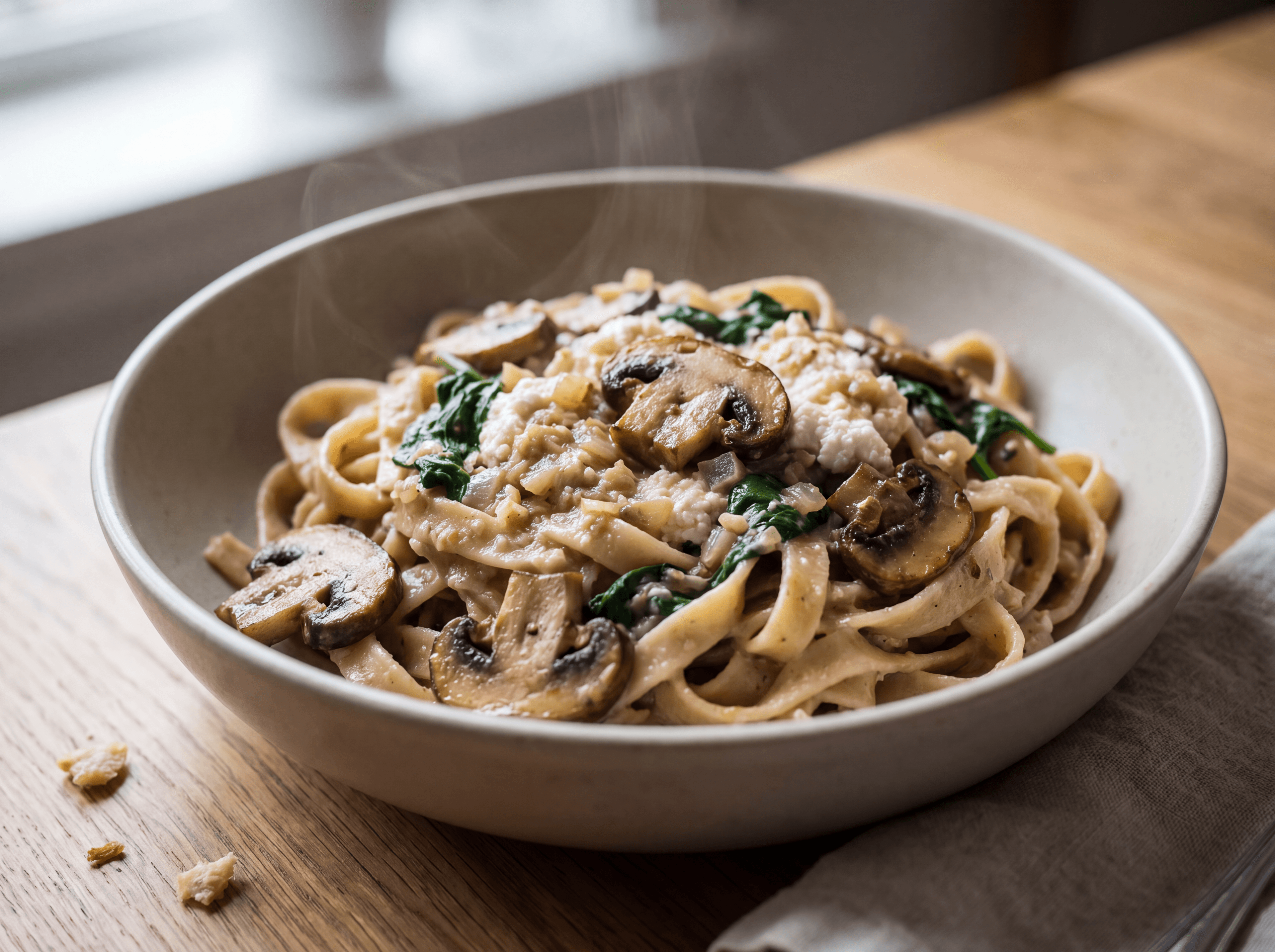 Kremet sopp- og spinatpasta med ricotta servert som ferdig middag