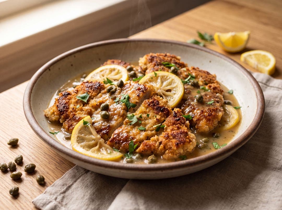 Kylling piccata med sitron og kapers servert som ferdig middag
