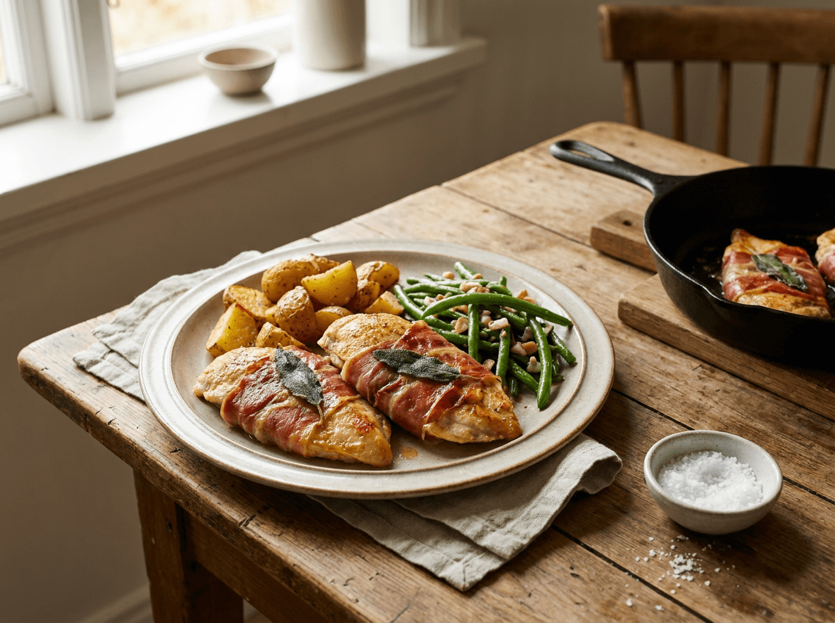 Kylling saltimbocca med sprø spekeskinke og salvie på en rustik tallerken