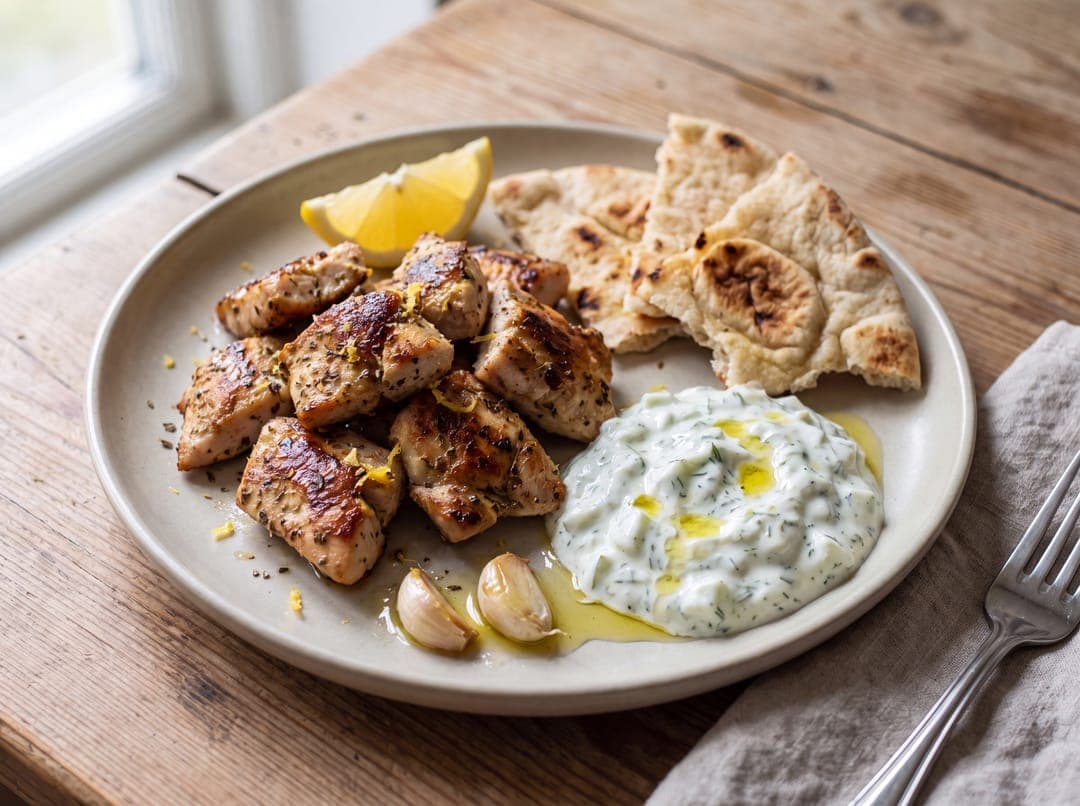 Kylling souvlaki med tzatziki og pitabrød servert som ferdig middag