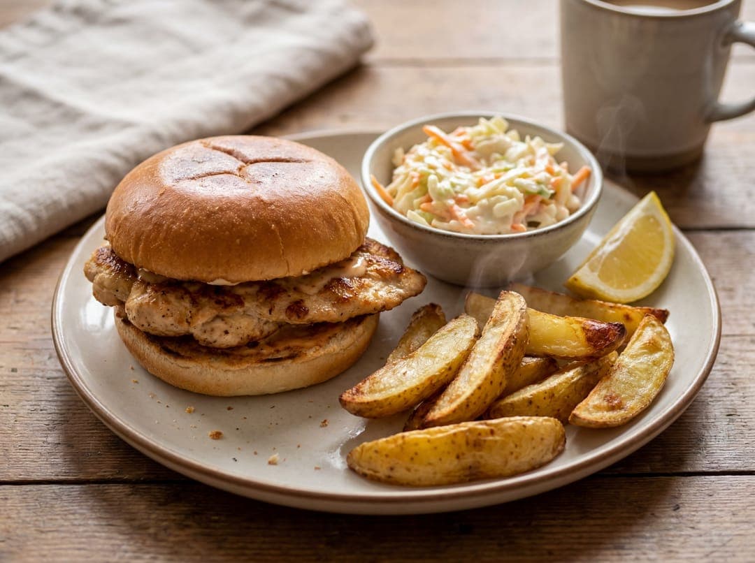 Kyllingburger med ovnsfries og coleslaw servert som ferdig middag