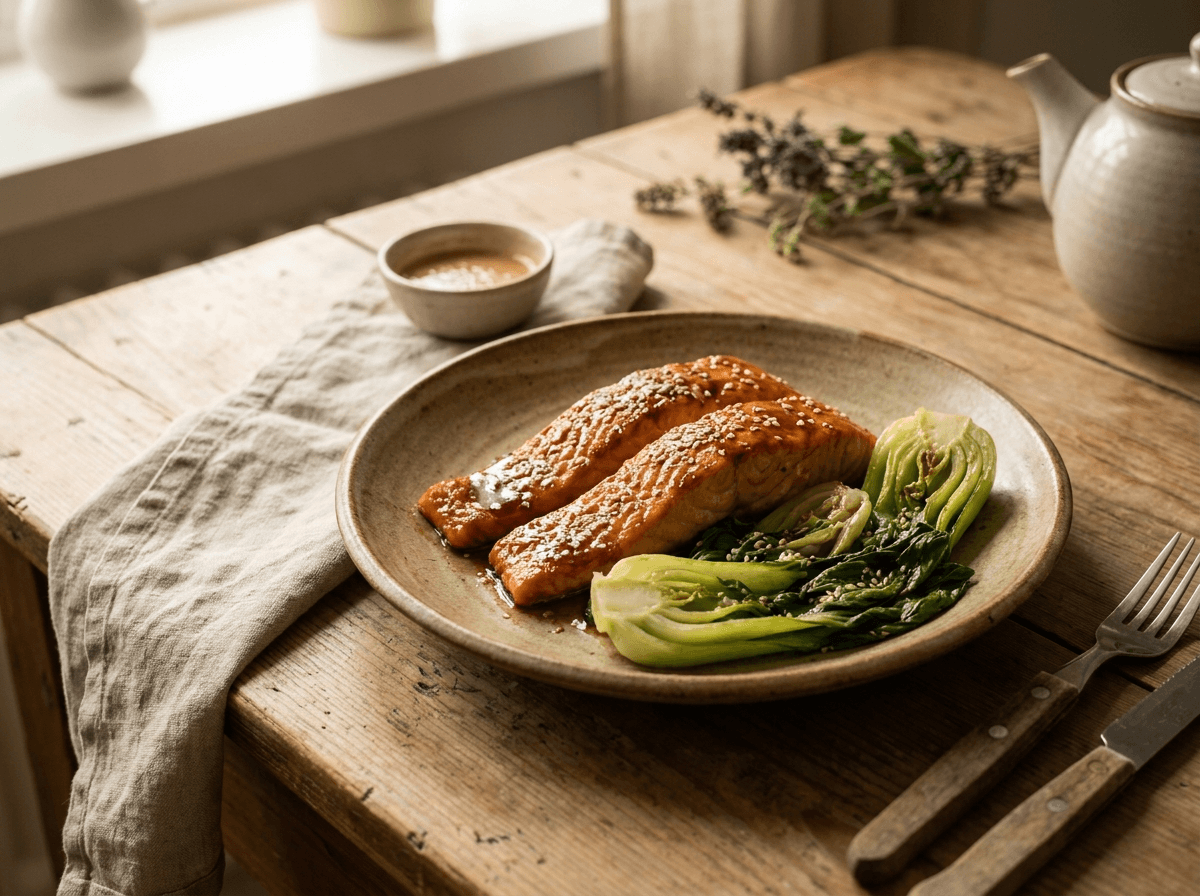 Glasert laksefilet med teriyaki, sesamfrø og halv pak choi på en rustik tallerken