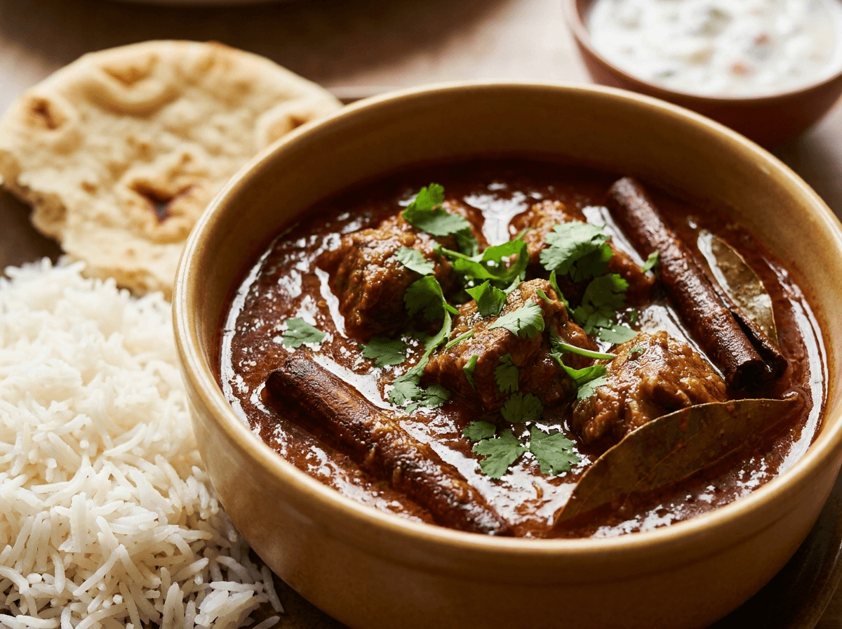 Kashmirsk lammecurry i dyp rød saus med ris og naanbrød