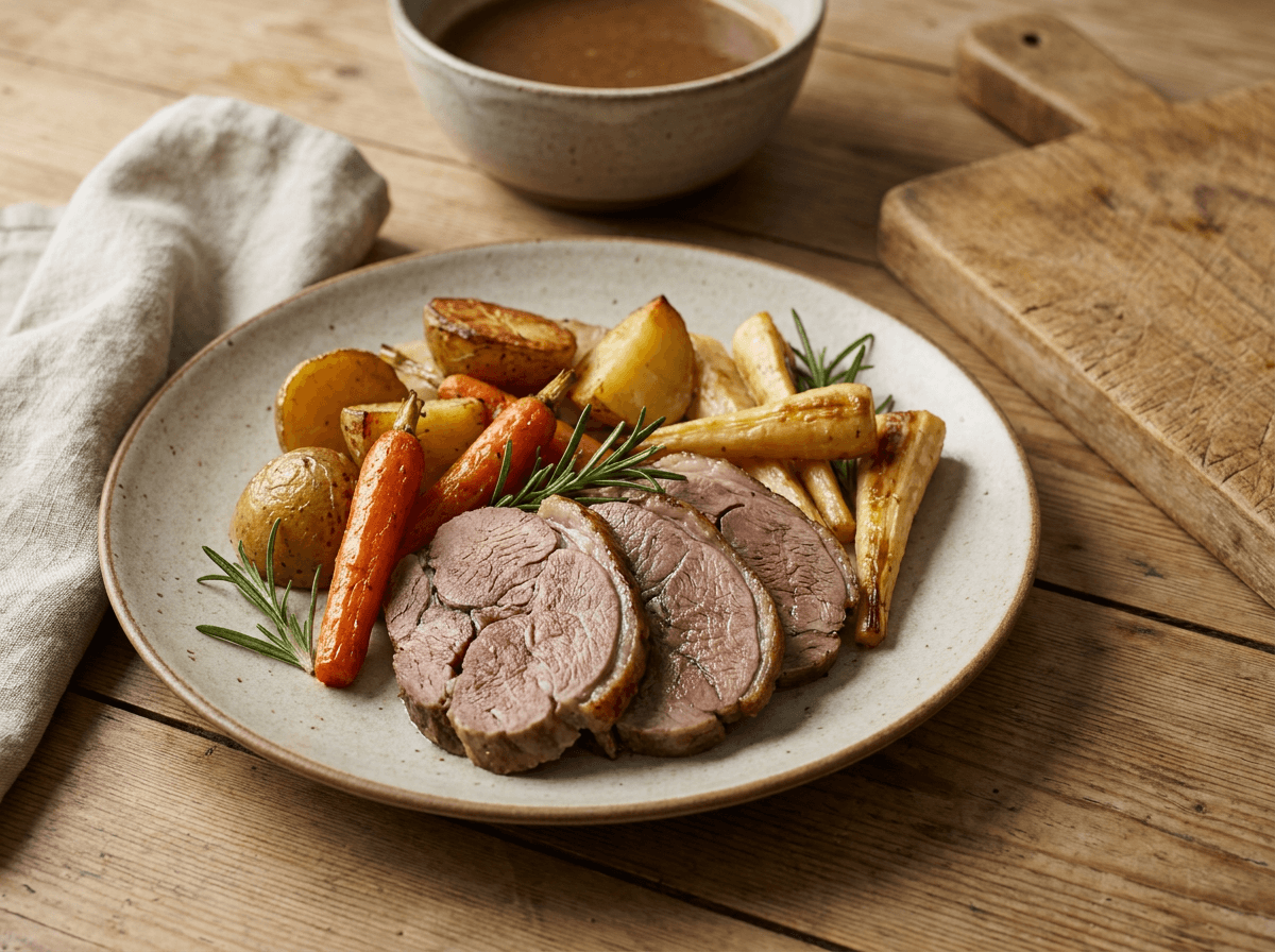 Lammelår med ovnsbakte rotgrønnsaker og rosmarin