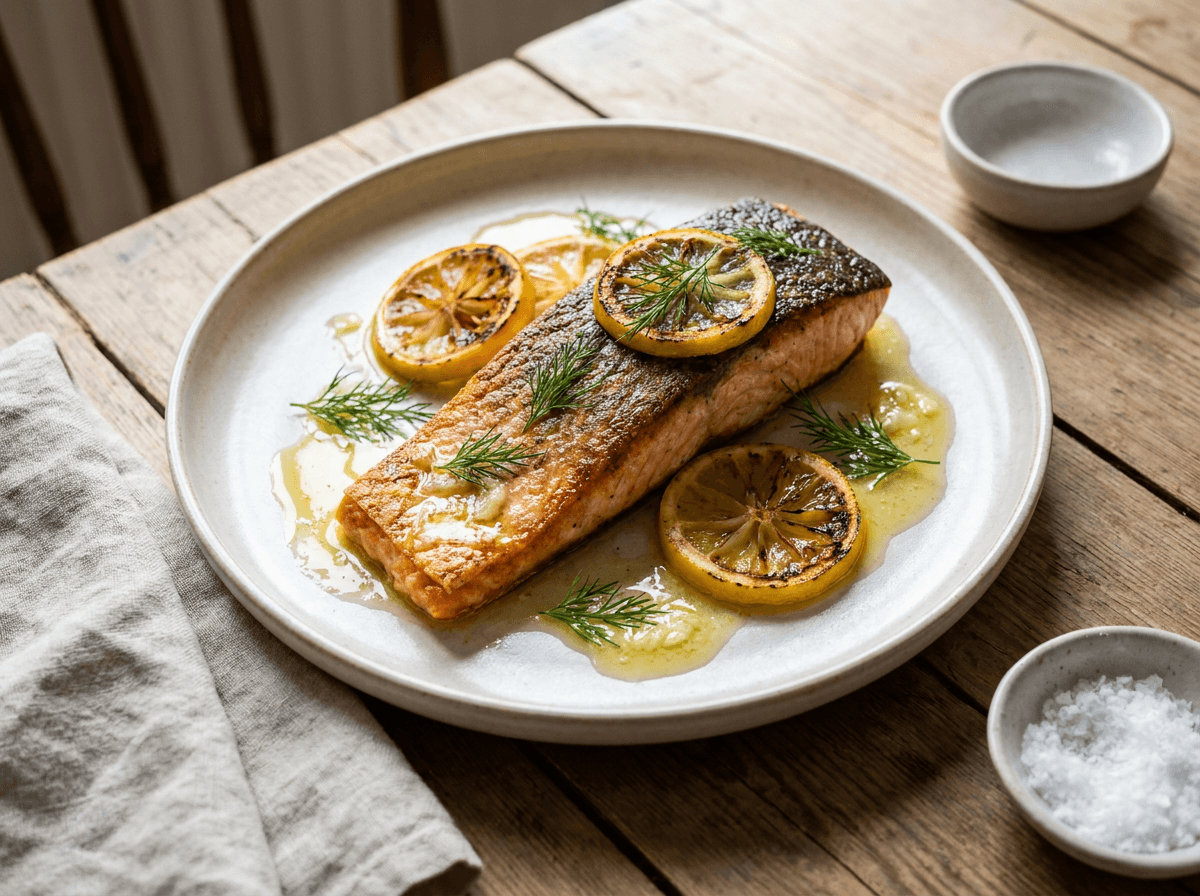 Sitron- og hvitløkslaks med sprøtt skinn, dill og sitronskiver