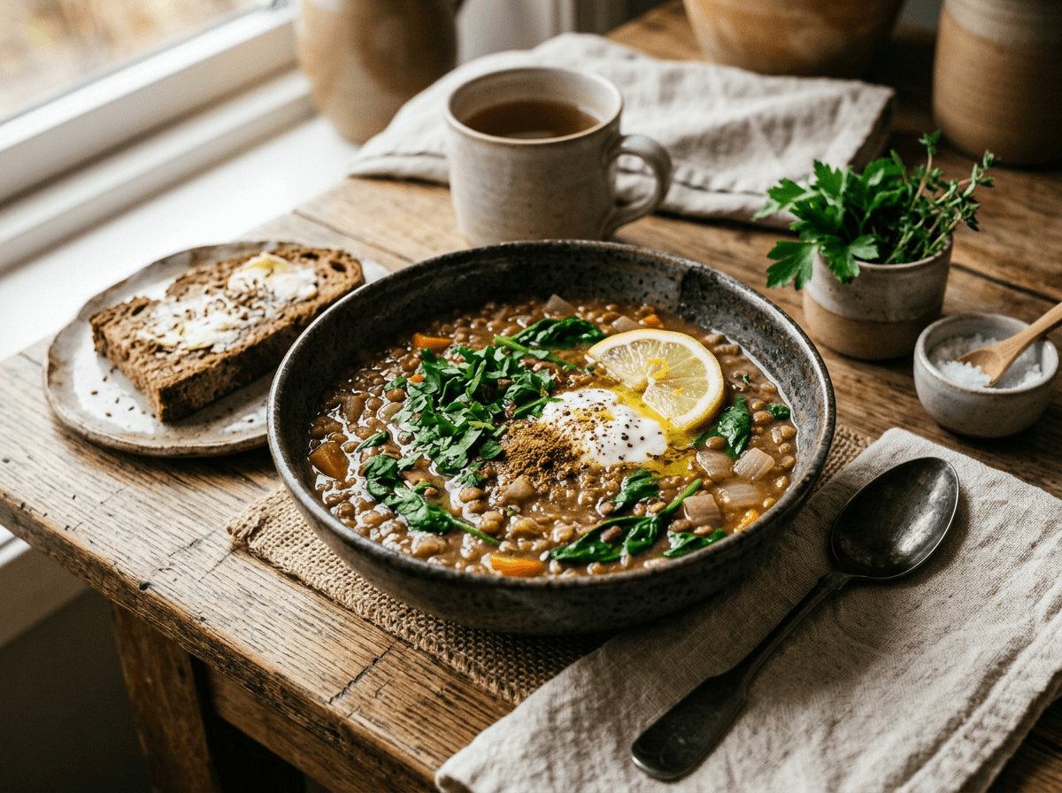Linsesuppe med spinat, sitron og cumin servert på tallerken.