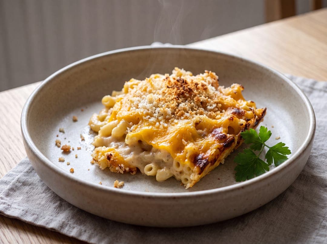 Mac and Cheese med Sprø Topping servert som ferdig middag