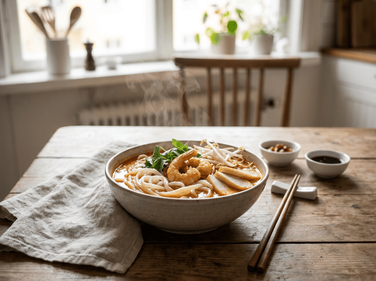 Rykende varm malaysisk laksa med kokosmelk, kylling og reker i keramikkskål