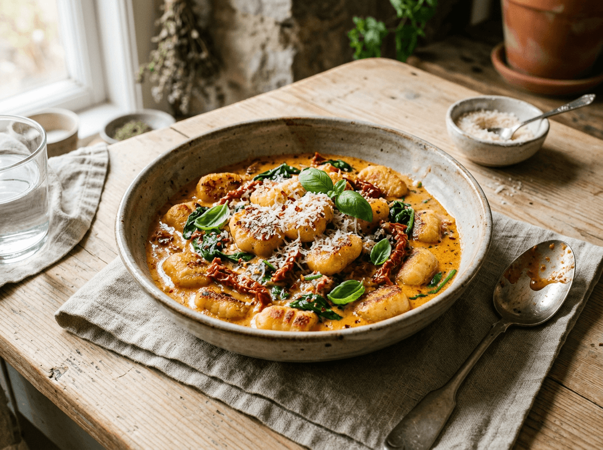 Marry me gnocchi i kremet saus med soltørket tomat, spinat og parmesan