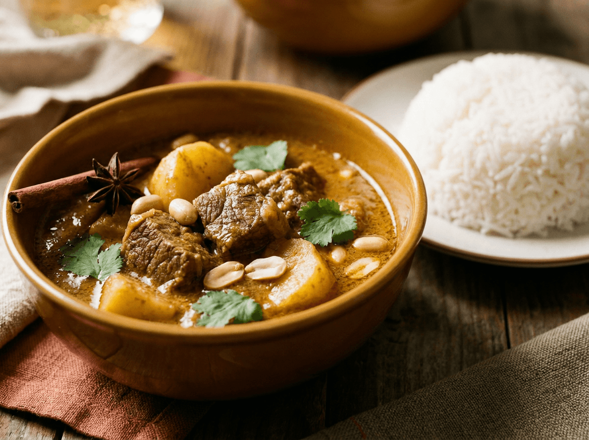 Thailandsk massaman curry med biff, poteter og peanøtter, servert med ris