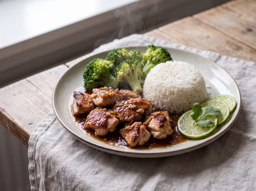 Meal prep kylling teriyaki med ris og brokkoli servert som ferdig middag