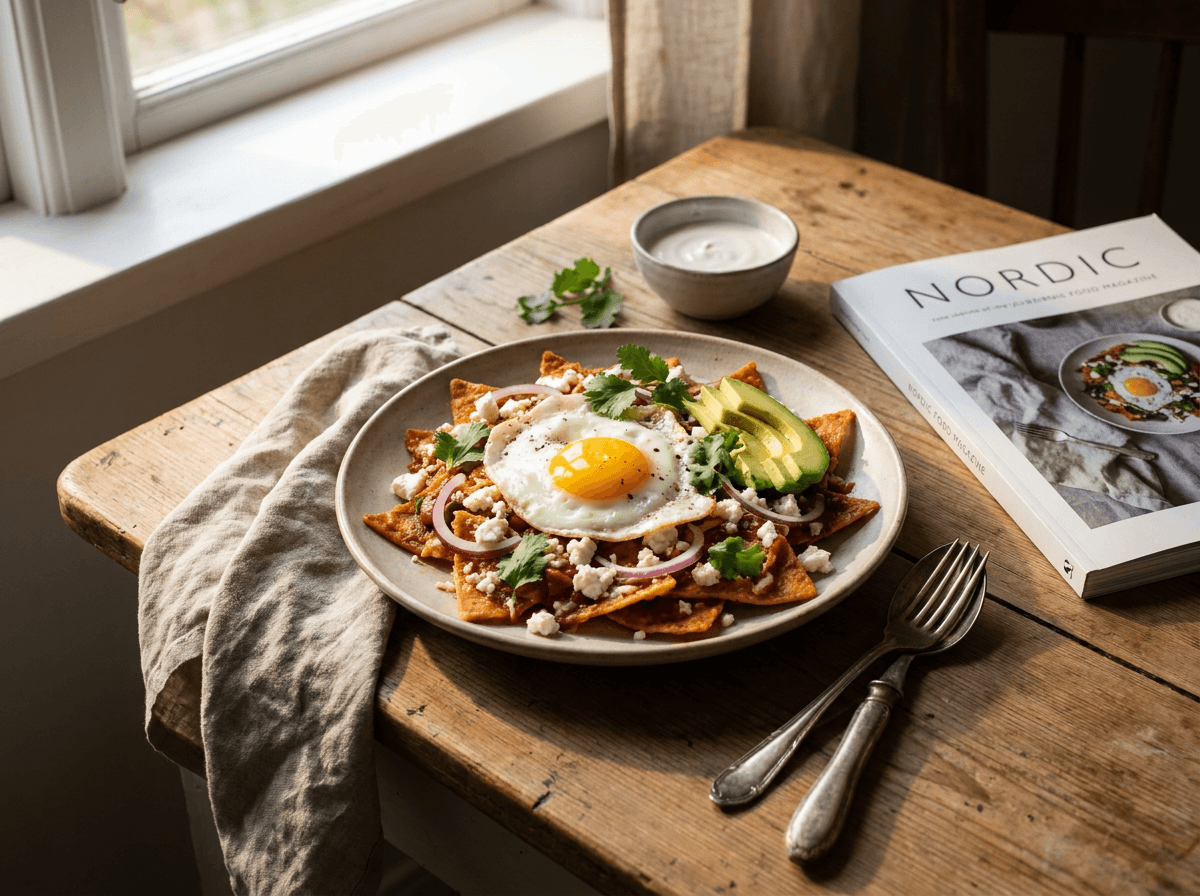 Meksikansk chilaquiles med stekt egg, feta, rømme og koriander