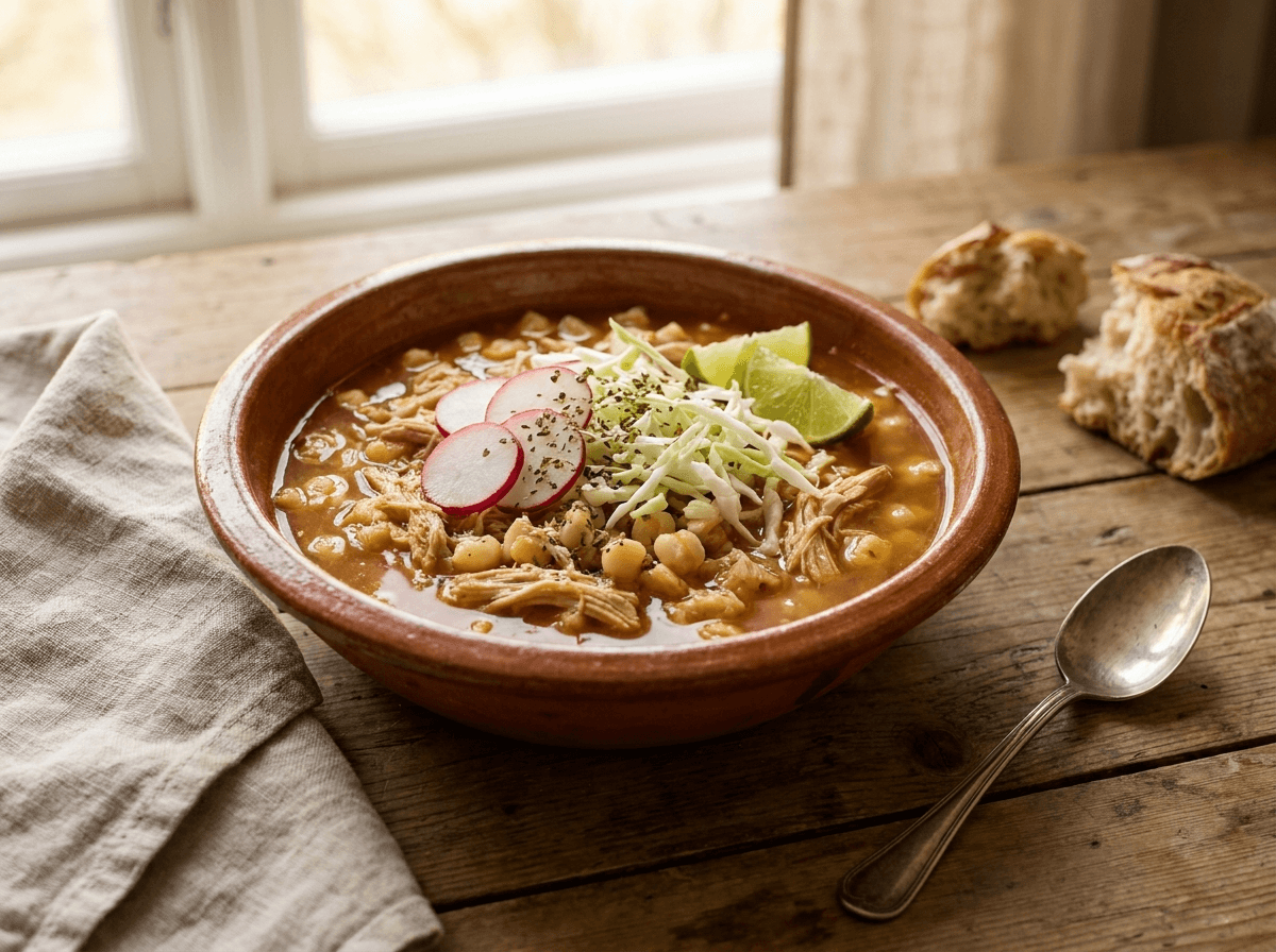 Meksikansk pozole — mais- og kyllingsuppe servert på tallerken.