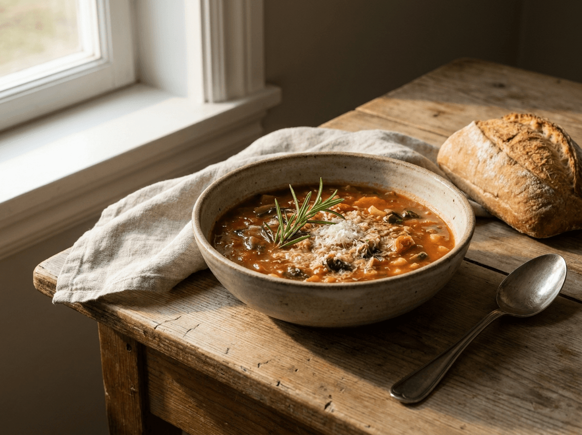 Minestrone — italiensk grønnsakssuppe med pasta