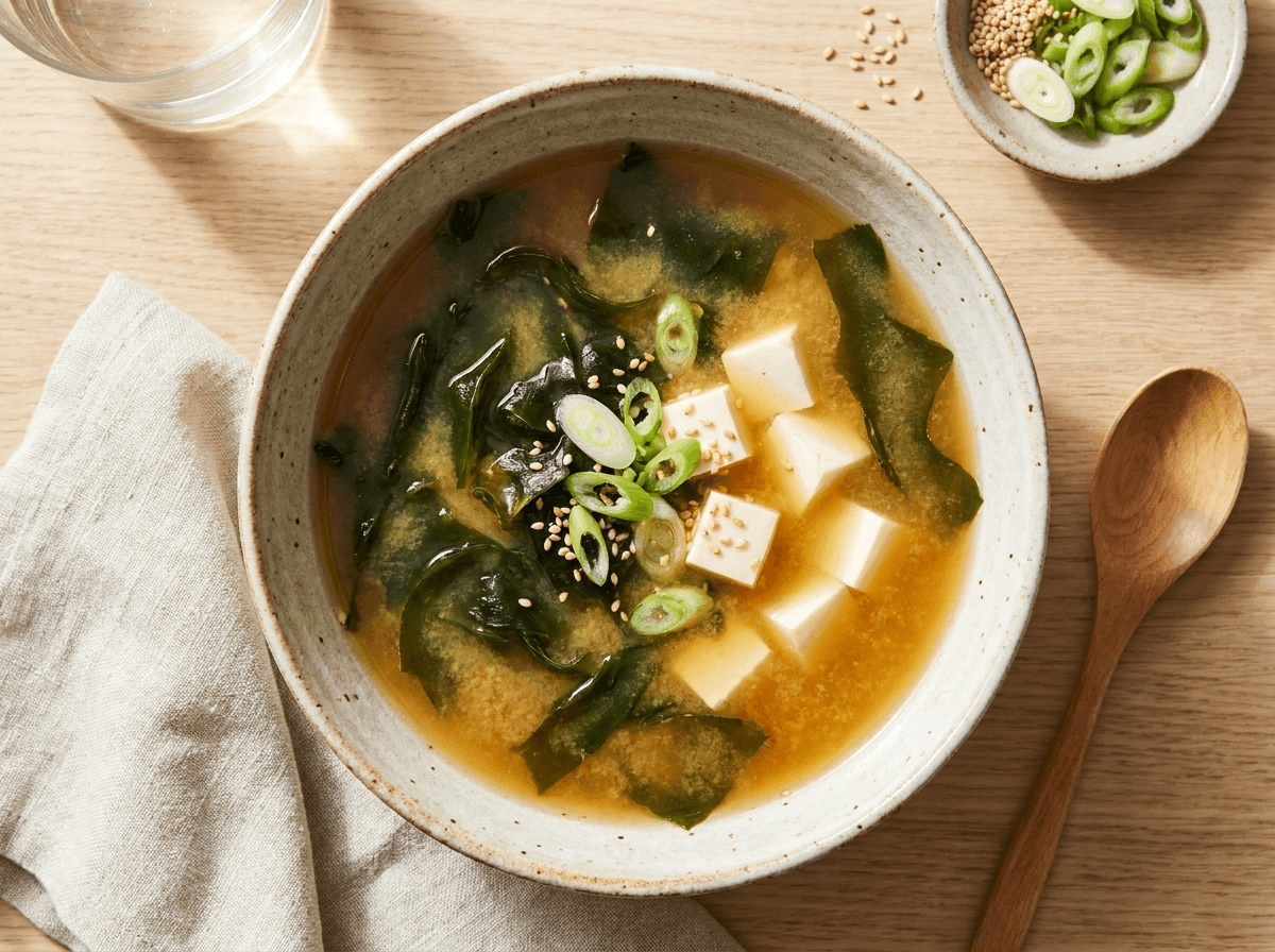 Miso suppe med tofu og wakame i tradisjonell keramikkskål
